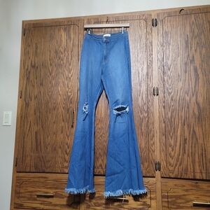 Vibrant Blue Distressed Flare Jeans Size 11 Bell Botton Fit Flare